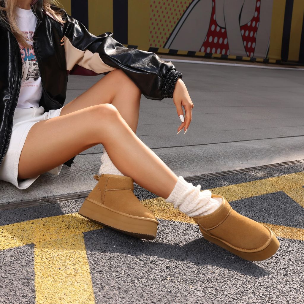 DREAM PAIRS Platform Mini Boots for Women Suede Genuine Leather, Classic Winter Ankle Snow Boots with Memory Foam Insole Lightweight Anti-Slip Outsole FuzzyClassic,Size 9,Chestnut,SDSB2427W