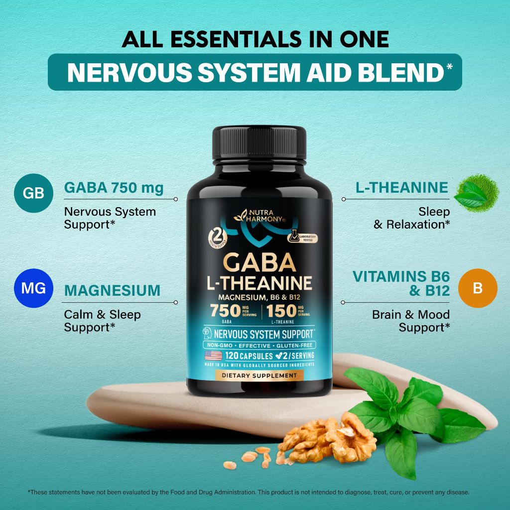 Nutra Harmony GABA L-Theanine 900 mg, Calm, Sleep, Relaxation & Mood Support - 120 Capsules