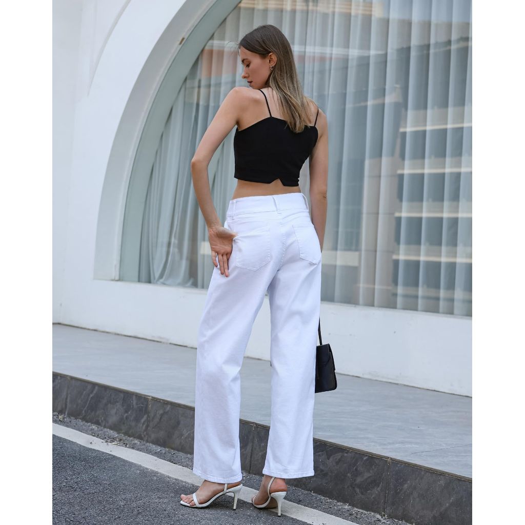OFLUCK Women's Wide Leg Jeans Mid High Waisted Stretchy Baggy Jeans Straight Leg Loose Fit Denim Pants, White, 10