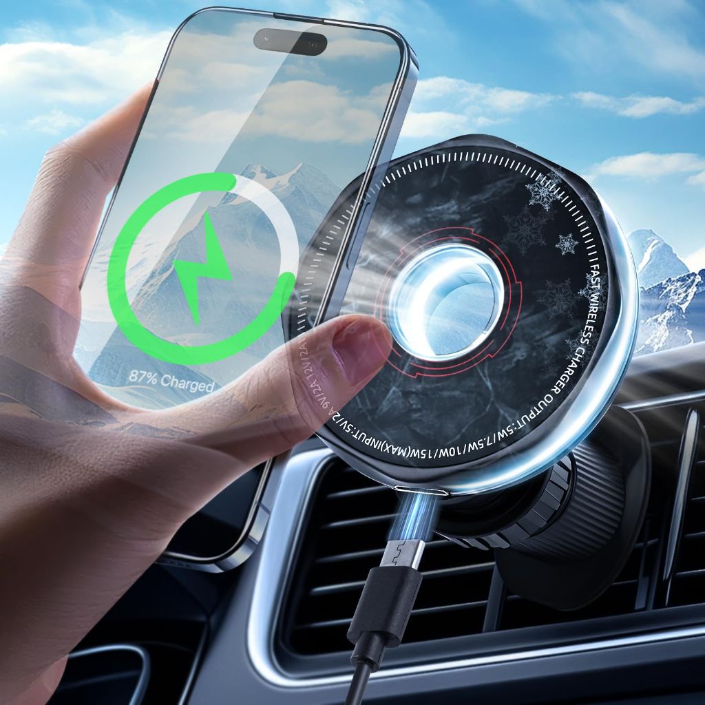 SGRAMSTORG Wireless Car Charger 15W Cell Phone Car Mount, Dashboard/Vent Magnetic Mount for iPhone 16 Pro Max 15 14 13 & Samsung/Android, 360° Rotation Car Phone Holder