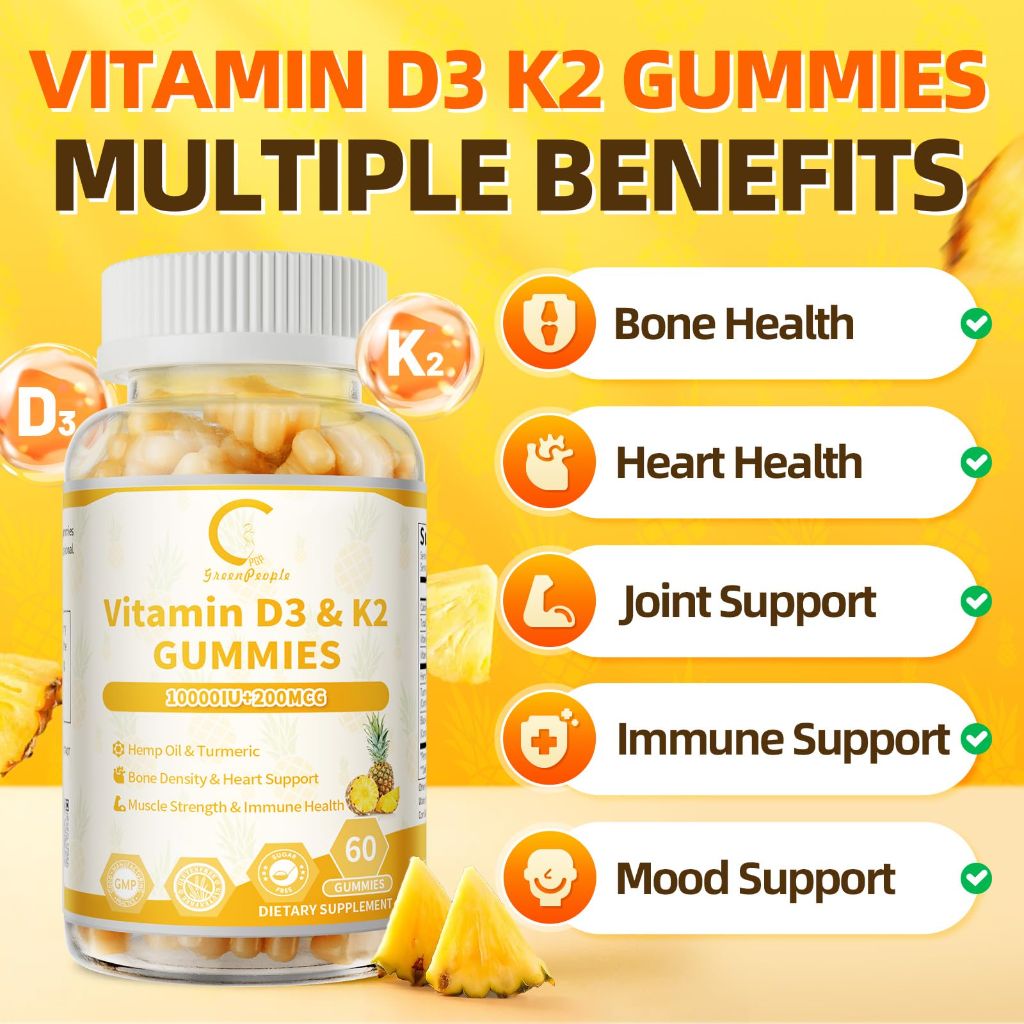 GPGP GreenPeople Vitamin D3 K2 Gummies, Vitamin D3 Sugar Free, 2 Packs (Pineapple flavor)