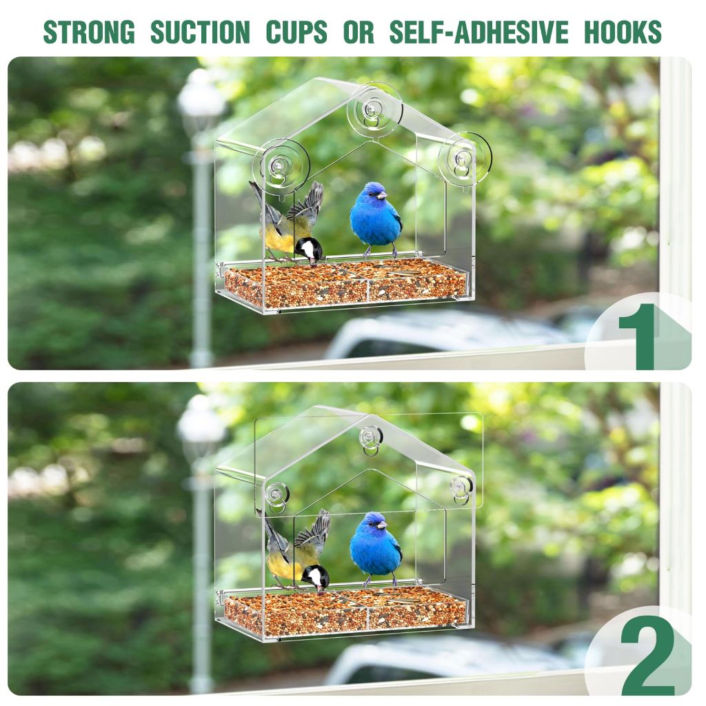 Window Bird Feeder, Suction Cup Window Birdfeeder for 6.8" Larger Viewing, Squirrel-Proof Strong Suction Cup Bird Feeder w/Self-Adhesive for Cats Outdoors