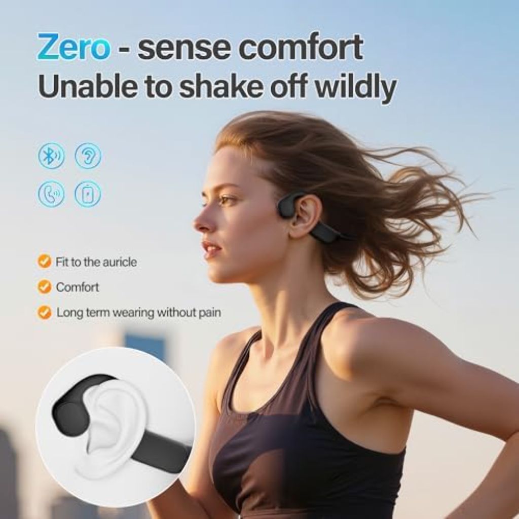 Open Ear Wireless Bone Conduction Headphones with Mic, 12Hrs Playtime - Black