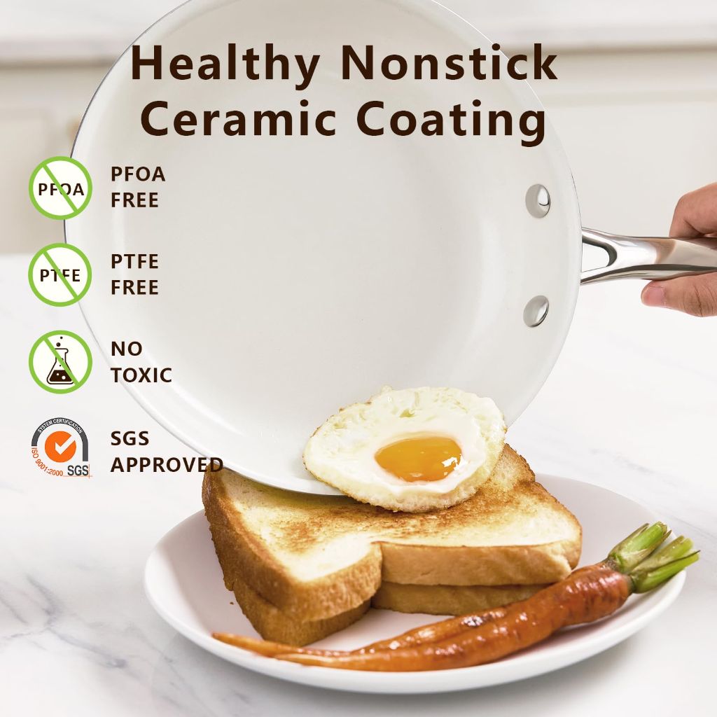 Sakamosh Nonstick Ceramic Frying Pan, Tri-Ply Stainless Steel with Stay-Cool Handle - White, 9.5"