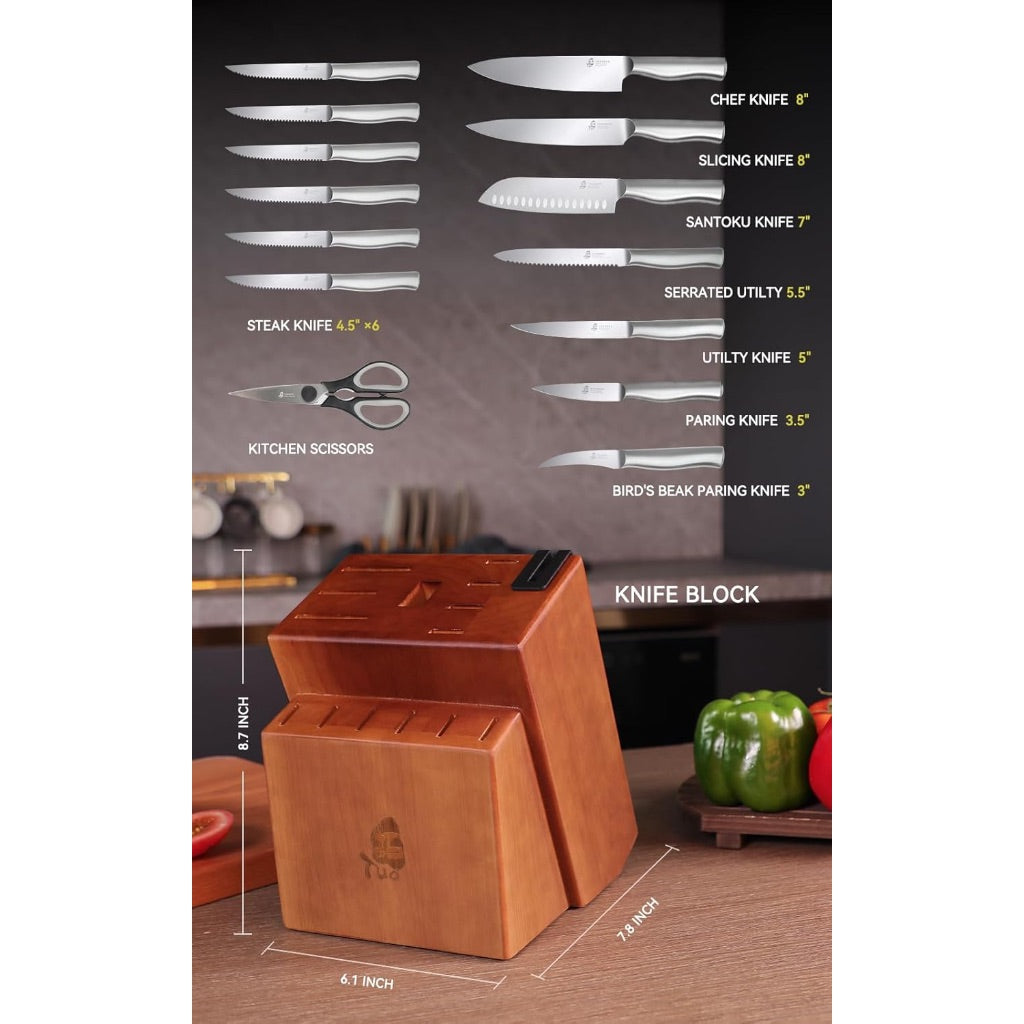 Tuo 16 Piece Knife Block Set with Sharpener, High Carbon Stainless Steel Blades