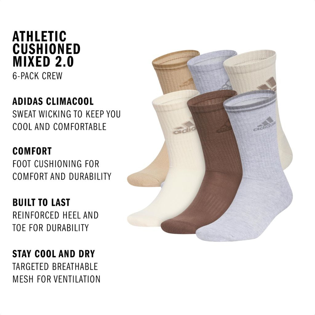 adidas Men's Athletic Cushioned Crew Socks - Beige/Brown/White, Size Large (6 Pairs)