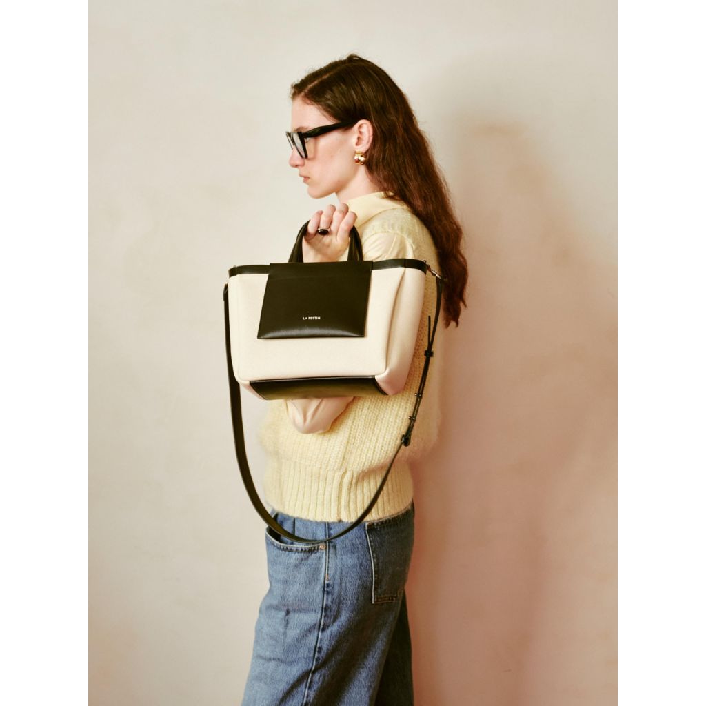 LA FESTIN Genuine Leather Medium Crossbody Handbag, Cream/Black