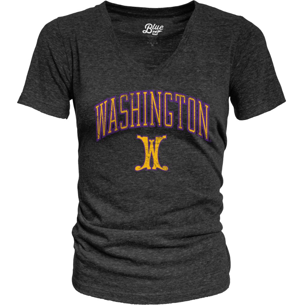 Blue 84 Washington Huskies Women's Tri-Blend T-Shirt Vintage Arch Over Secondary Color, Black, Large