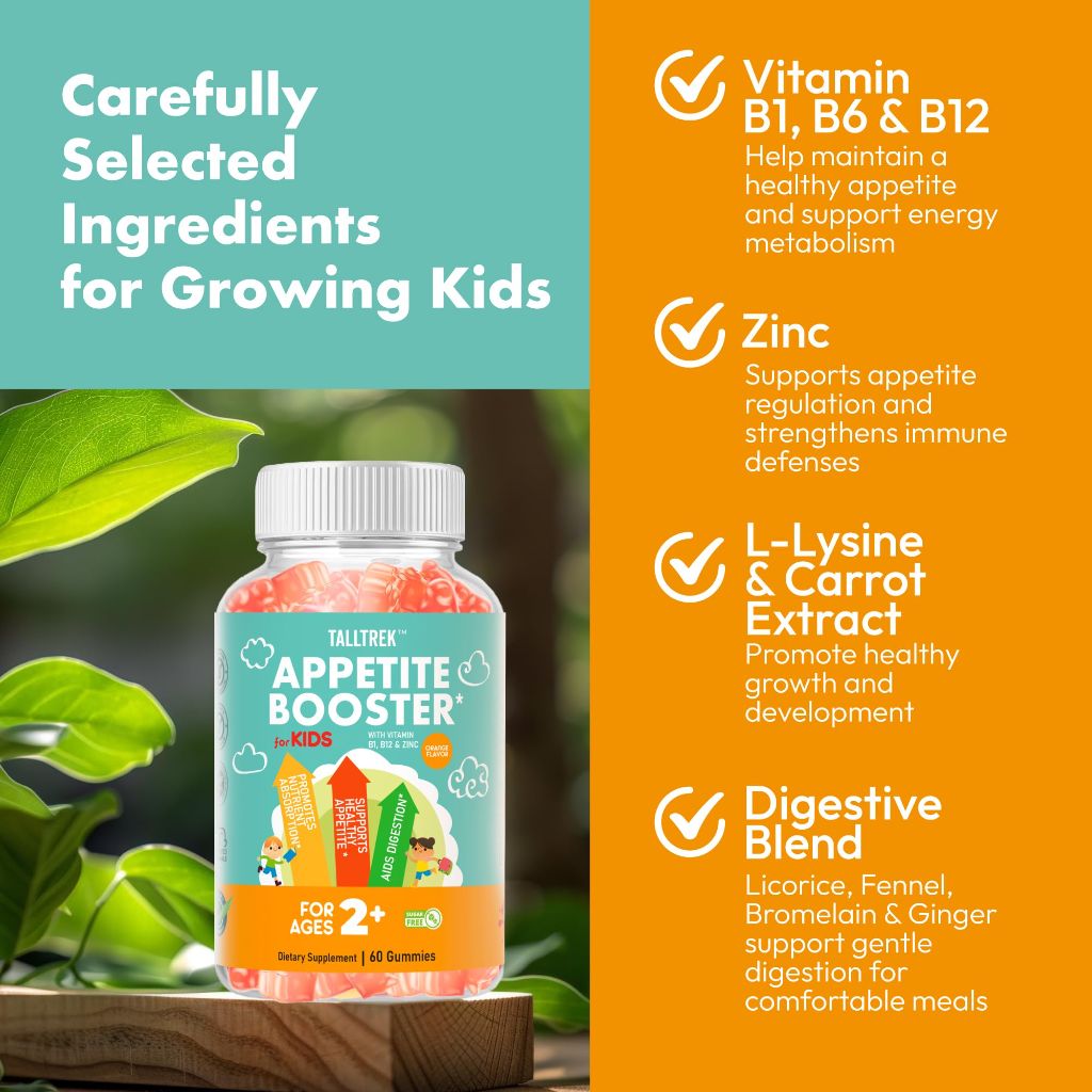 TallTrek  Gummies for Kids  Appetite Stimulant Vitamins B1 B6 B12 Zinc L-Lysine - Orange Flavor Sugar Free  60 gummies