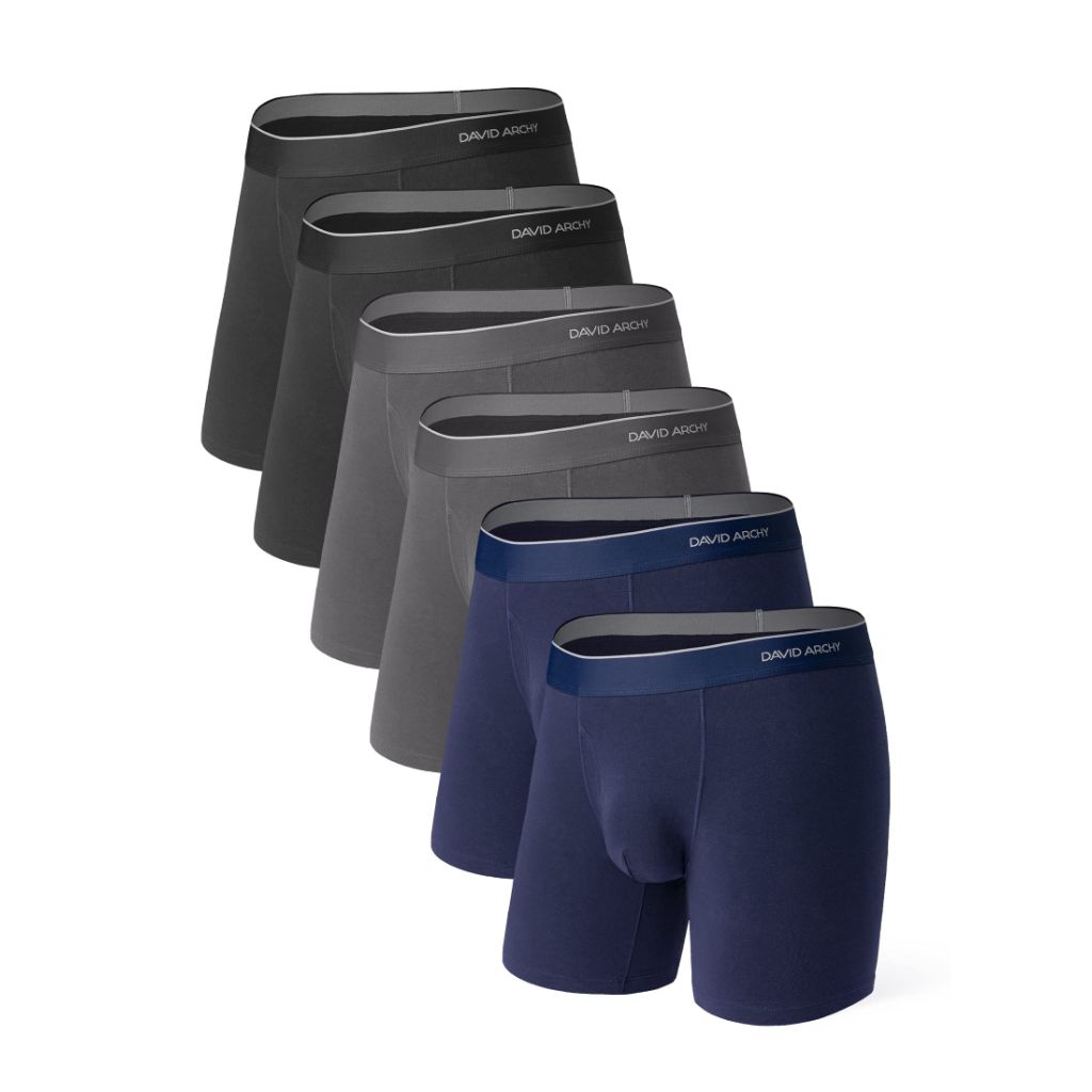 DAVID ARCHY Men's 6 Pack Soft Combed Cotton Boxer Briefs (XL,Navy Blue/Black/Dark Gray)