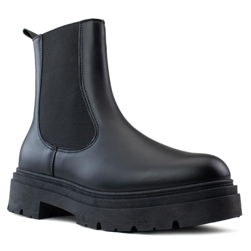 SZ 7, RF ROOM OF FASHION Women's Square Toe Elastic Panel Chunky Heel Chelsea Bootie Ankle Boots (BLACK-D1)