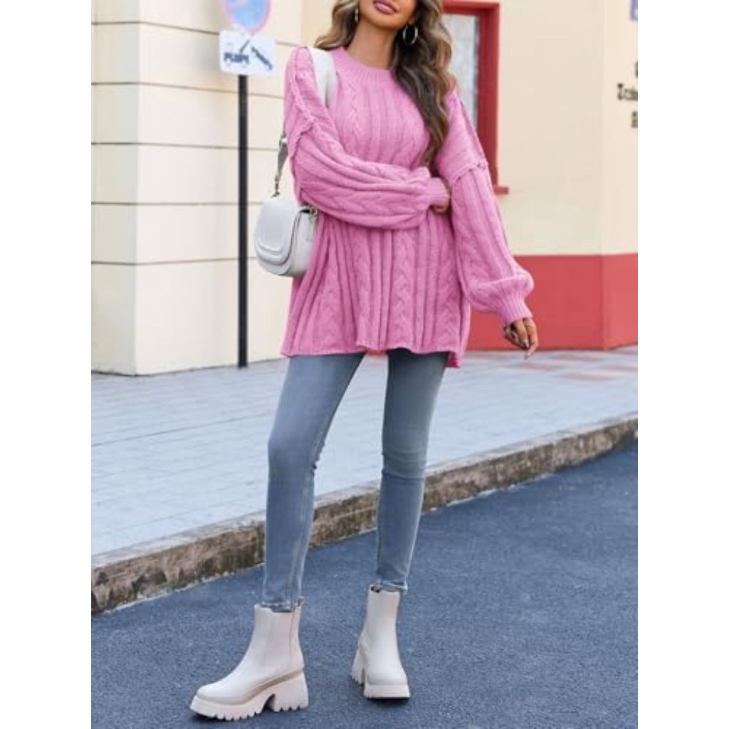 Saodimallsu Womens Oversized Sweaters Chunky Cable Knit Crew Neck Casual Long Lantern Sleeve Fall Tunic Sweater Tops