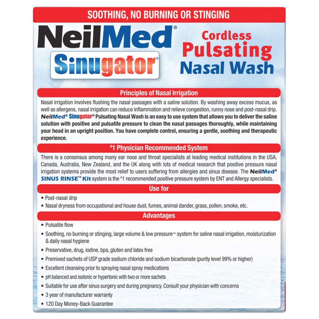 NeilMed Sinugator Cordless Pulsating Nasal Wash Kit with One Irrigator, 30 Premixed Packets and 3 AA Batteries