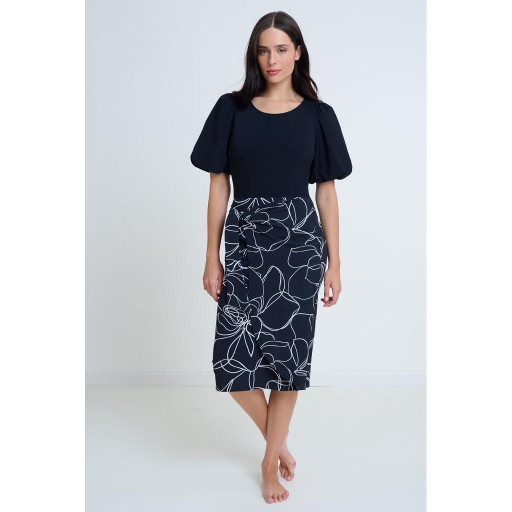 SZ L, Gottex Modest Women's Faux Wrap Pull-On Skirt with Adjustable Tie and Flattering Draped Design Black/White