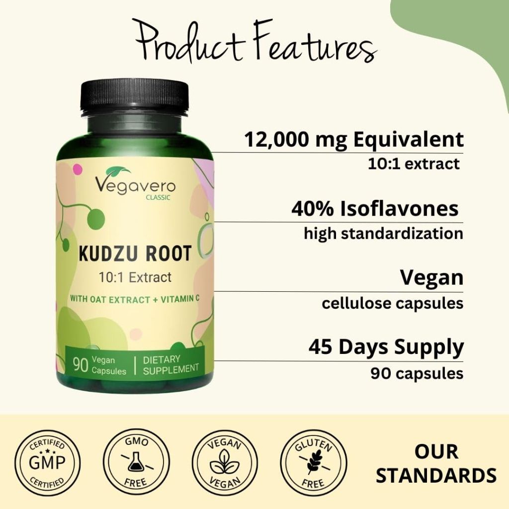 Vegavero Kudzu Root | 12.000 mg of Kuzu Root | Non-GMO & Vegan | Support Menopause | with Oat Extract + Vitamin C | 90 Capsules