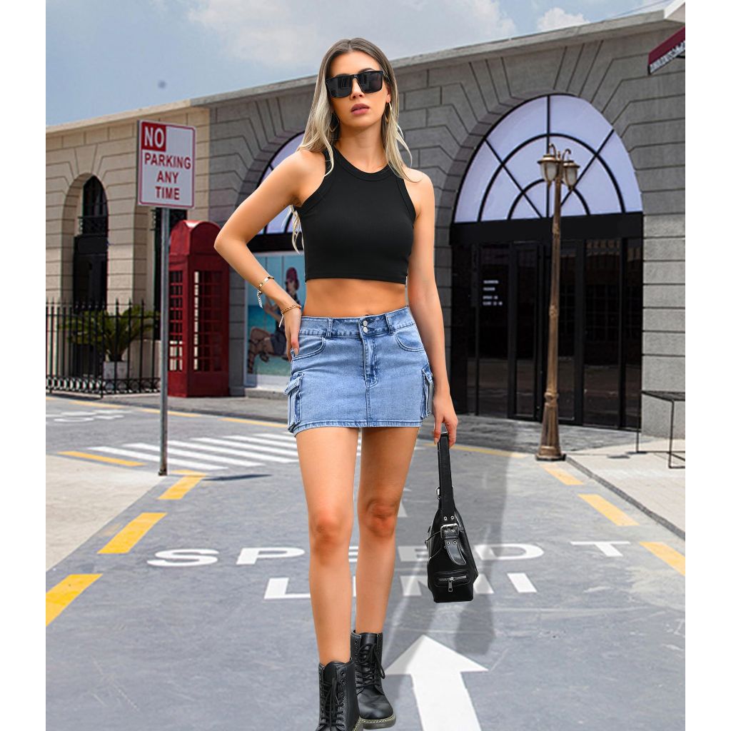 Women's Y2K Low Waist Button Bodycon Denim Mini Skirt with Flap Pockets - Large