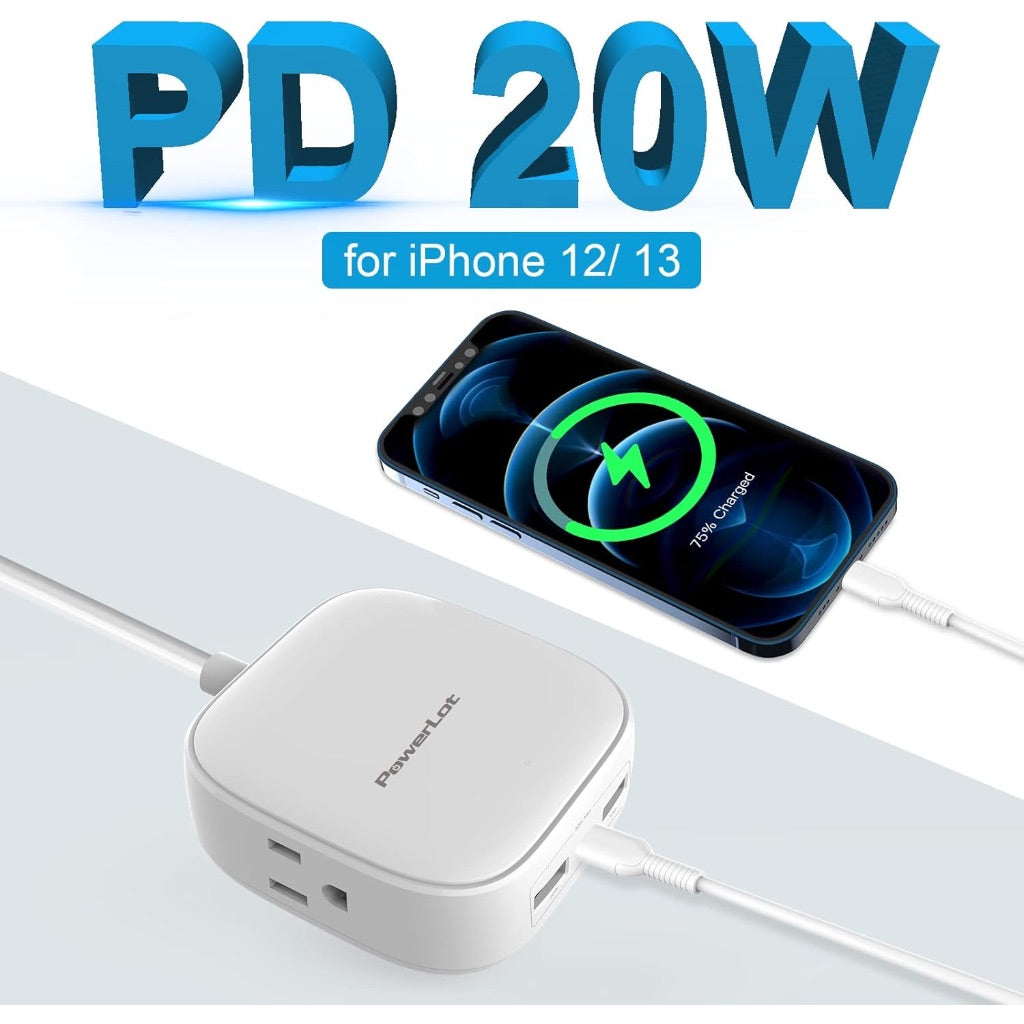PowerLot Travel Power Strip with USB-A, USB-C Port, Flat Plug - 6ft Cord
