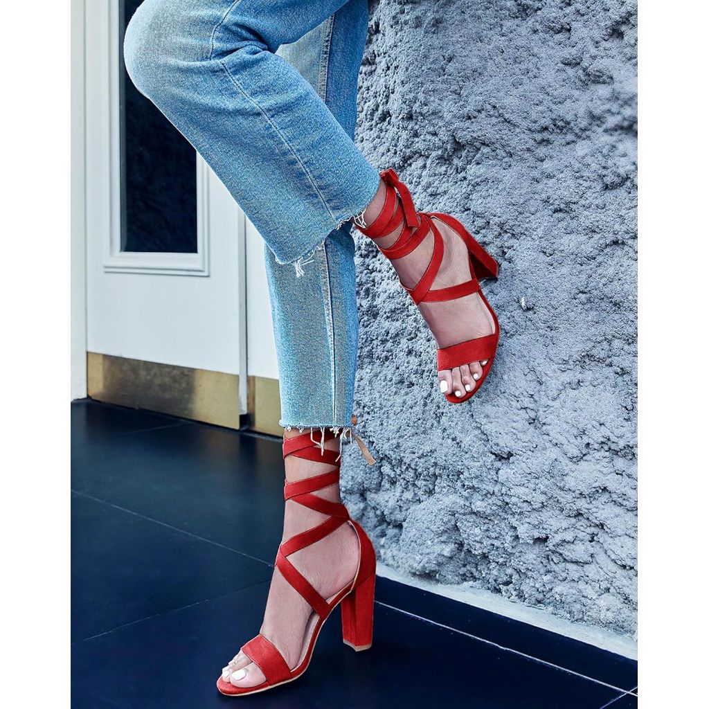Huiyuzhi Womens Strappy Heels Lace up High Heeled Sandals Chunky Block Ankle Tie Pumps Dress Party Shoes