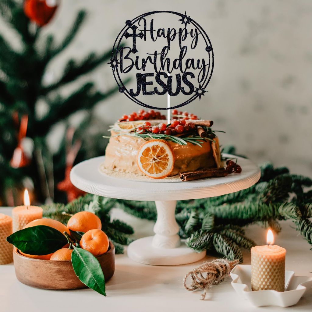 Black Glitter "Happy Birthday Jesus" Cake Topper (6" Diameter)
