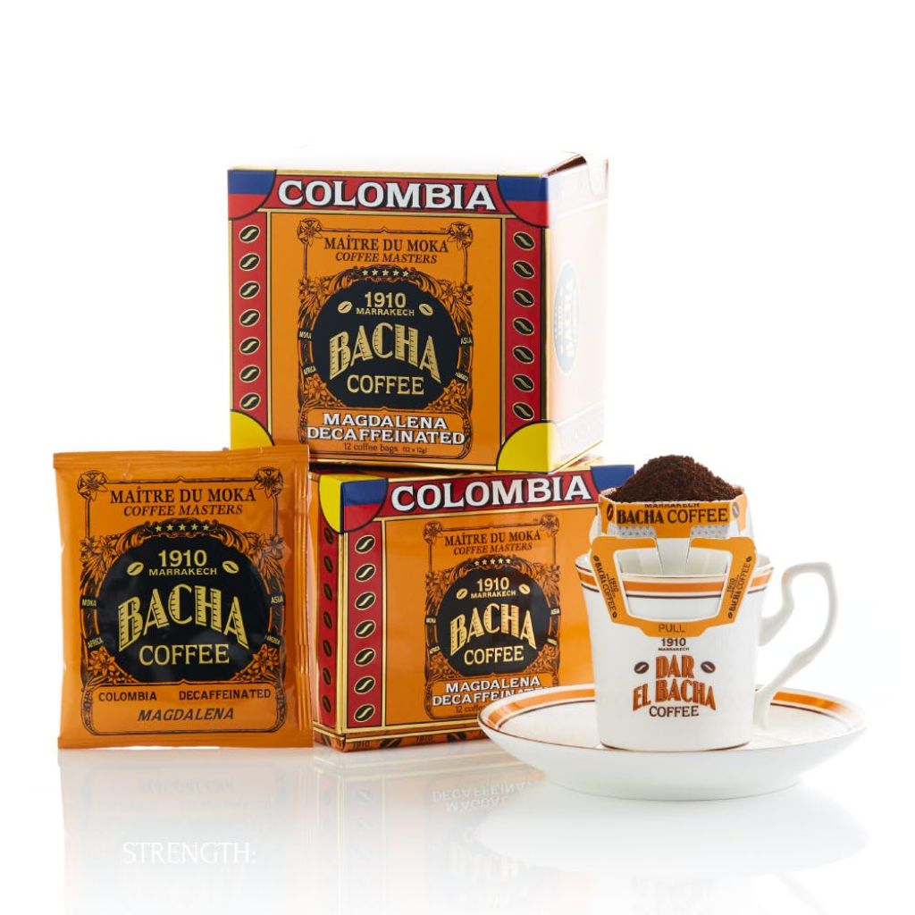 Bacha Coffee Colombia Magdalena Decaf Single Origin, Medium Dark Roast Specialty Coffee - 12 Drip Bags