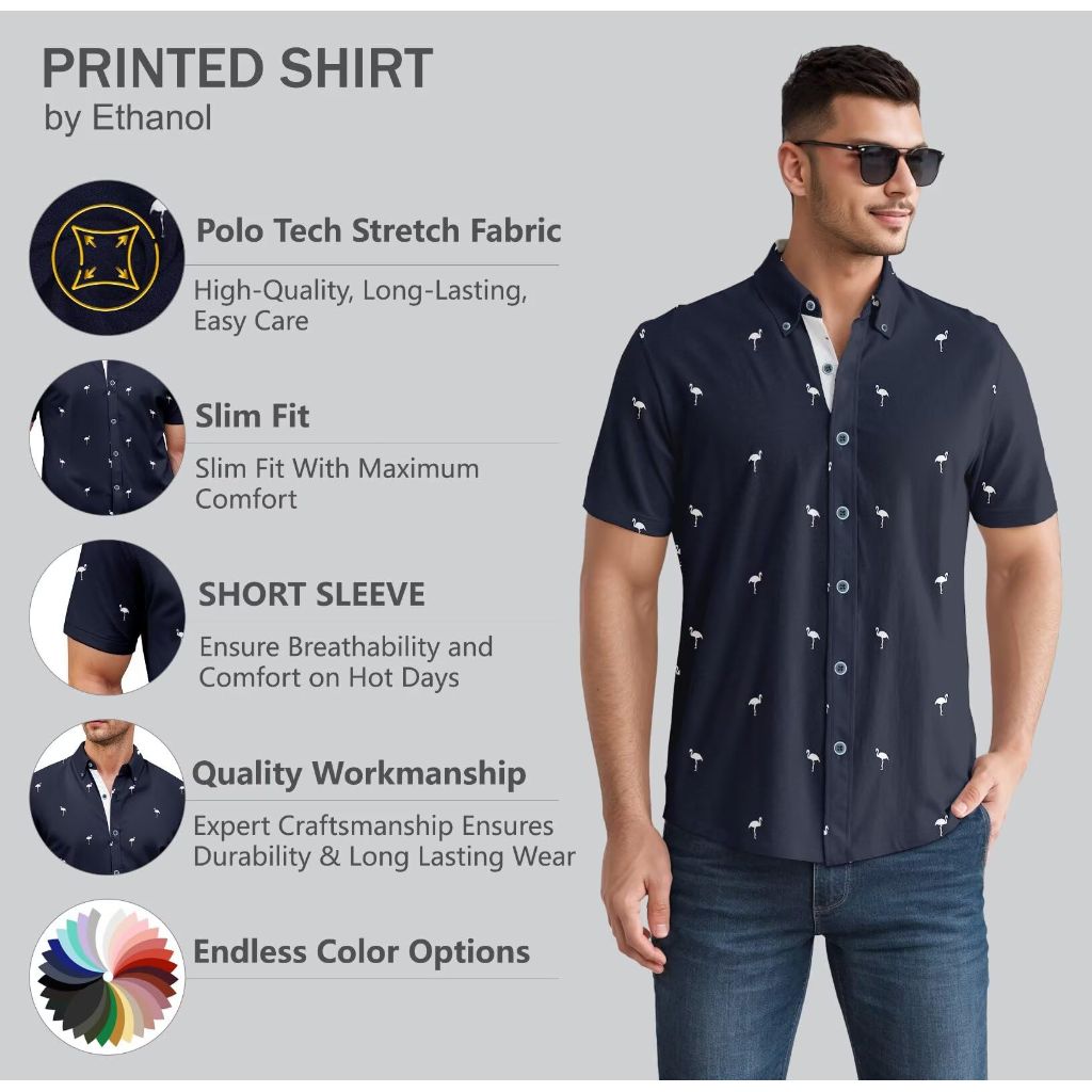 SZ S, ETHANOL Men Classic Slim Fit Performance Woven Short Sleeve | Navy