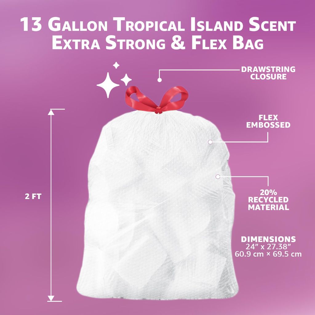 Amazon Basics Extra Strong & Flex Tall Kitchen Drawstring Trash Bags (13 Gallon) - Tropical Island Scent, 40ct.