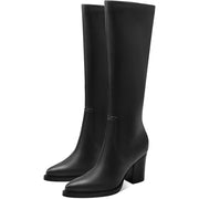 Motimoden Women's Knee High Chunky Heel Pointed Toe Pull On Boots - Black Leather, Size 9.5