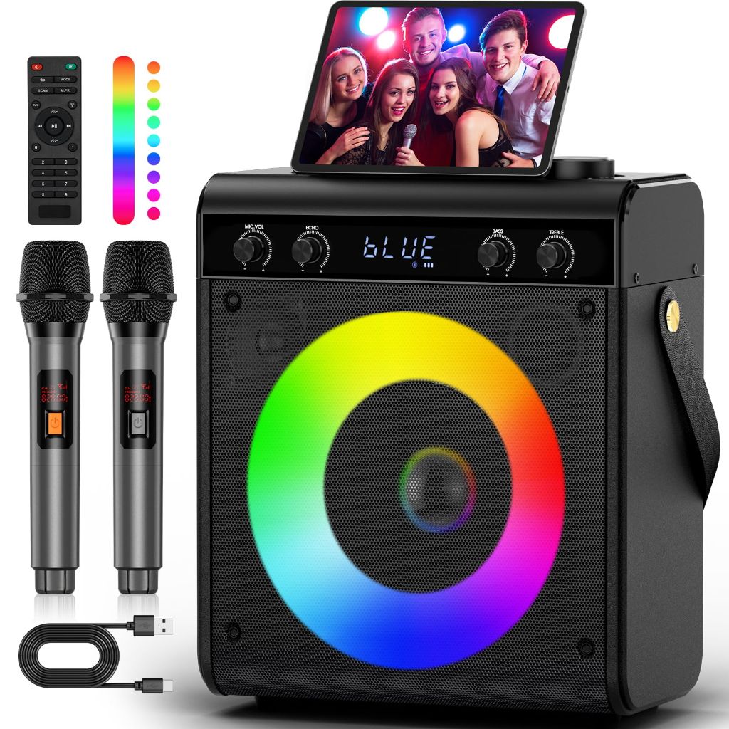 Karaoke Machine, Portable Bluetooth Speaker with 2 Wireless Microphones