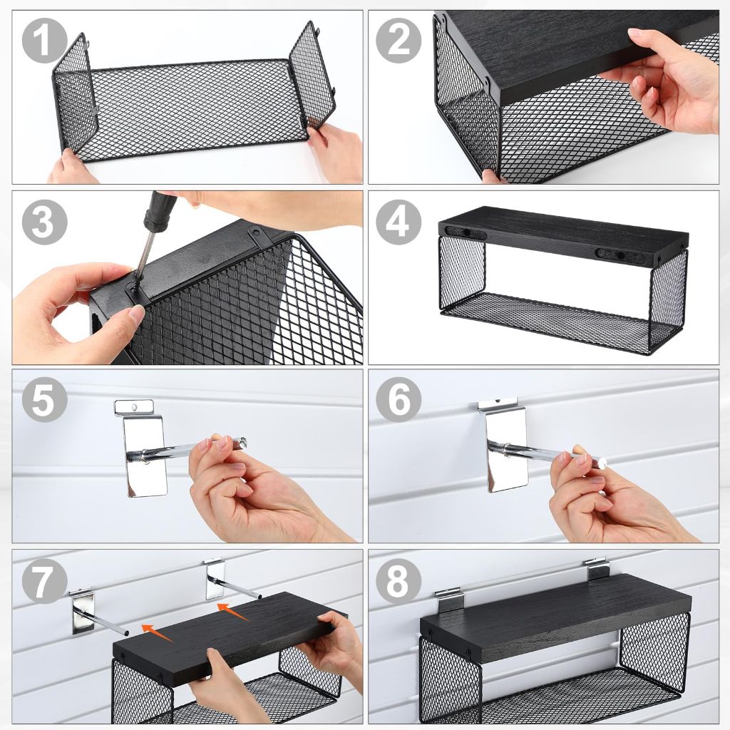 Blulu Metal Slatwall Baskets with Hooks - Black, 15.7" x 6" (2 Pack)