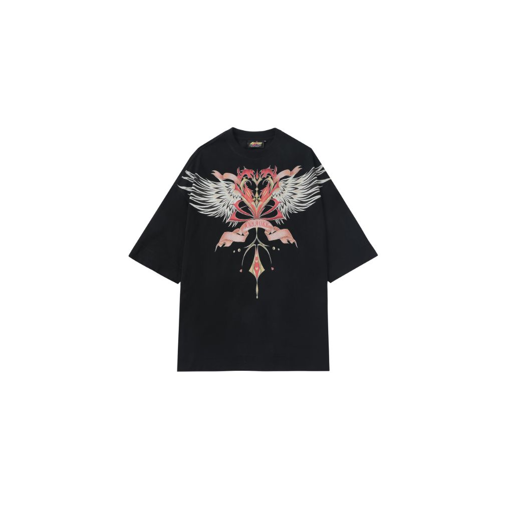 Unisex Oversized Love Wing Half Sleeves Casual Loose Graphic Tee - Black, Medium