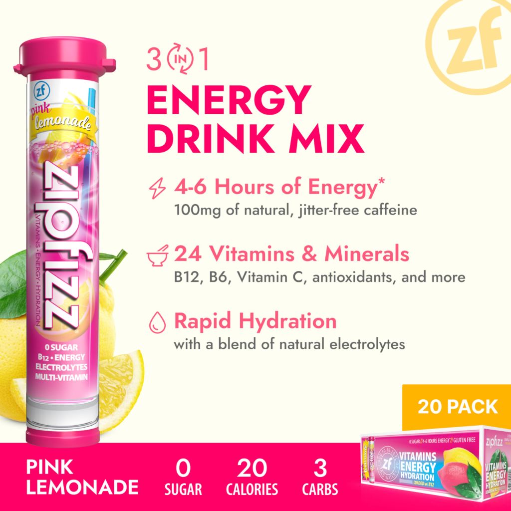Zipfizz Daily Energy Drink Powder, Pink Lemonade, 20 Pack
