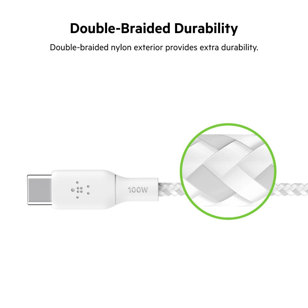 Belkin USB C to USB C Cable, 9.9ft, 100W - Soft, Braided - White
