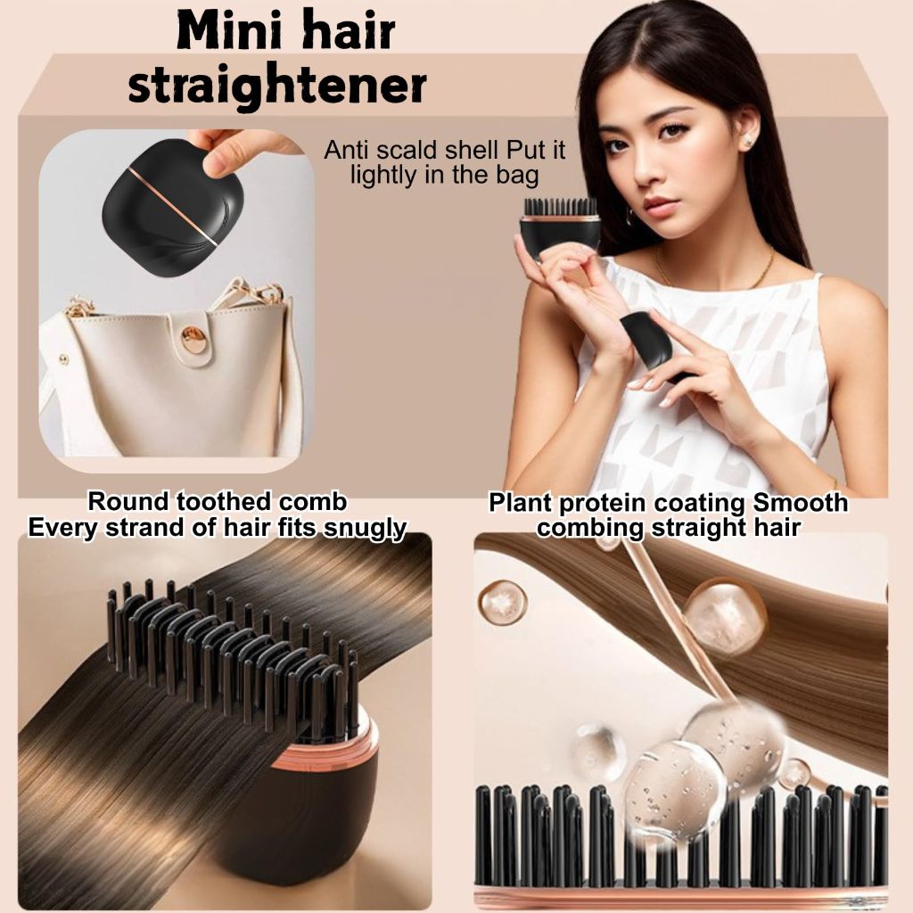 Glambrushs Mini Hair Straightener Brush, 3-Speed Temperature Control, Rapid Heating & Anti Scald Shell, Lightweight Travel-Friendly, (Black)