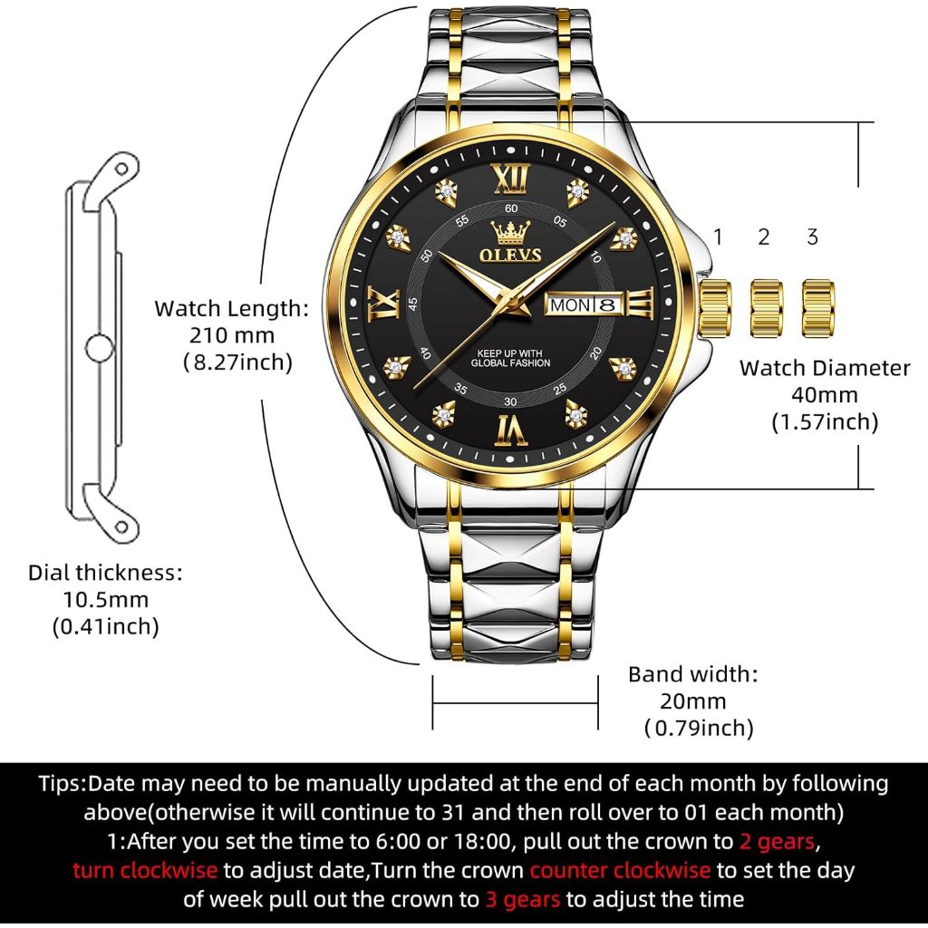 OLEVS Men's Luxury Stainless Steel Dress Watch - Silver/Gold Two-Tone, Black Dial