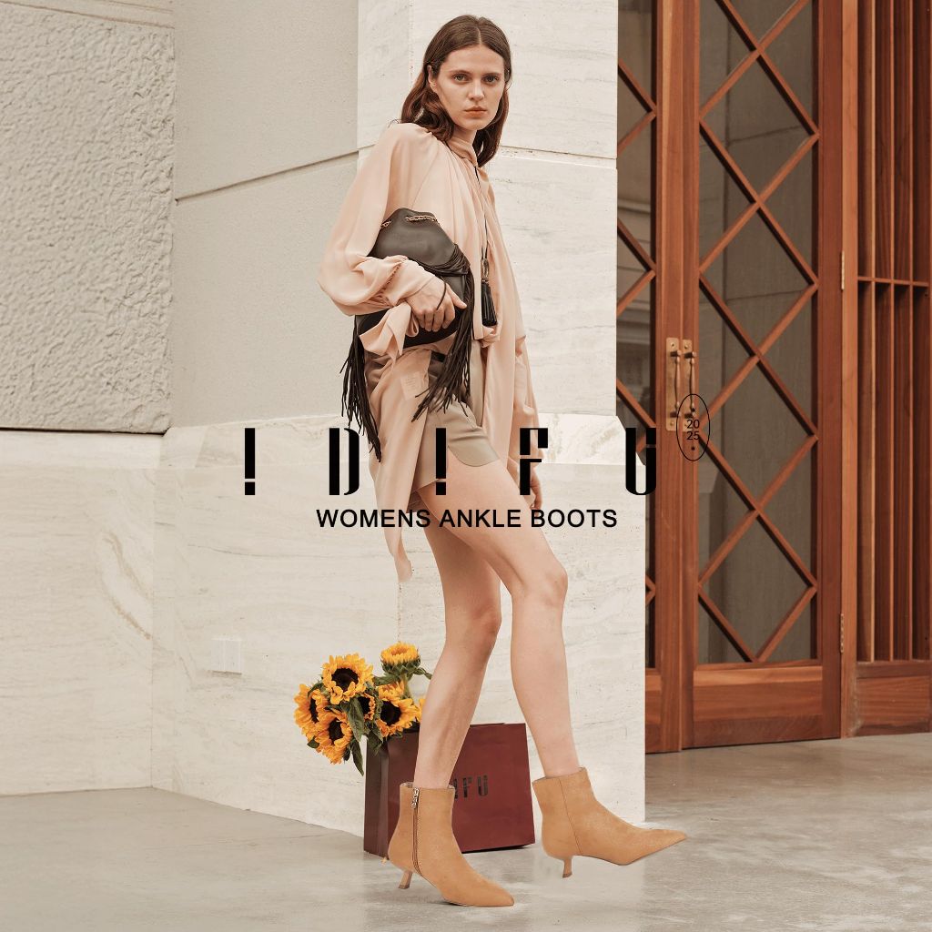 SZ 8.5 IDIFU Khaki Ankle Boots for Women Low Short Kitten Heel Booties ( Khaki Suede )