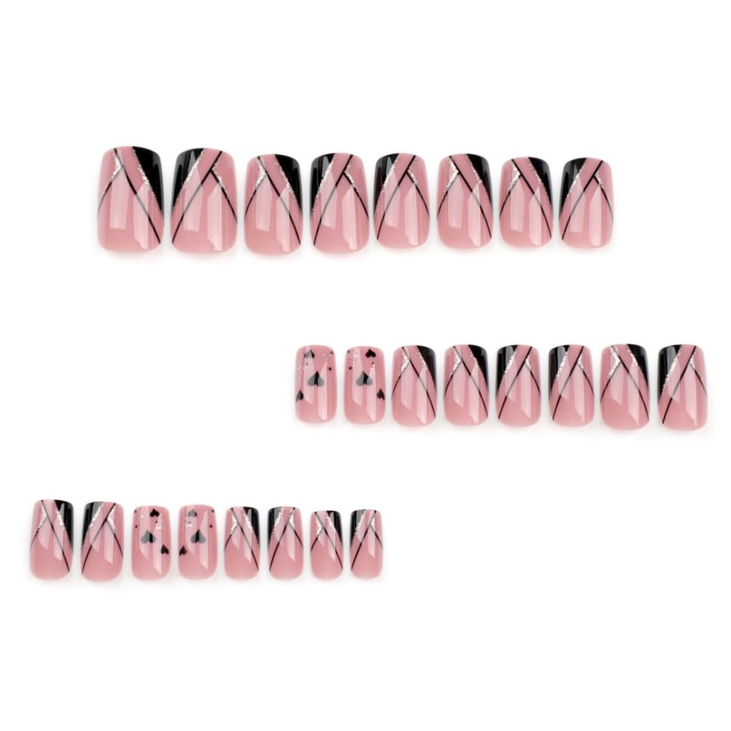 Square Pink Press on Nails Short Fake Nail with Heart Gold Line Designs Glitter Full Cover Stick on fake on Nail for Women Gel Fantasy for Wedding Manicure 24 Pcs