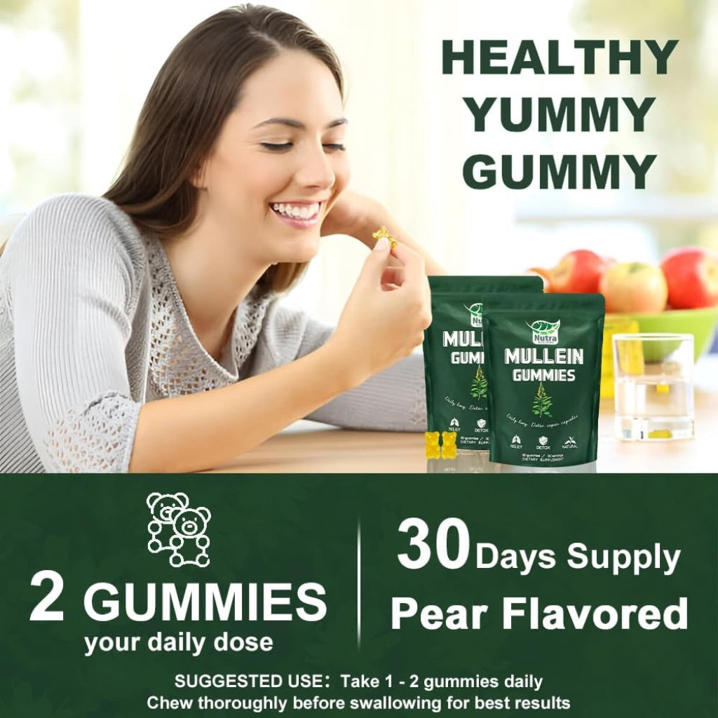 NutraNourish Mullein Gummies for Lung Detox 1000mg Mullein Leaf Herb Extract - Pear, 60ct.
