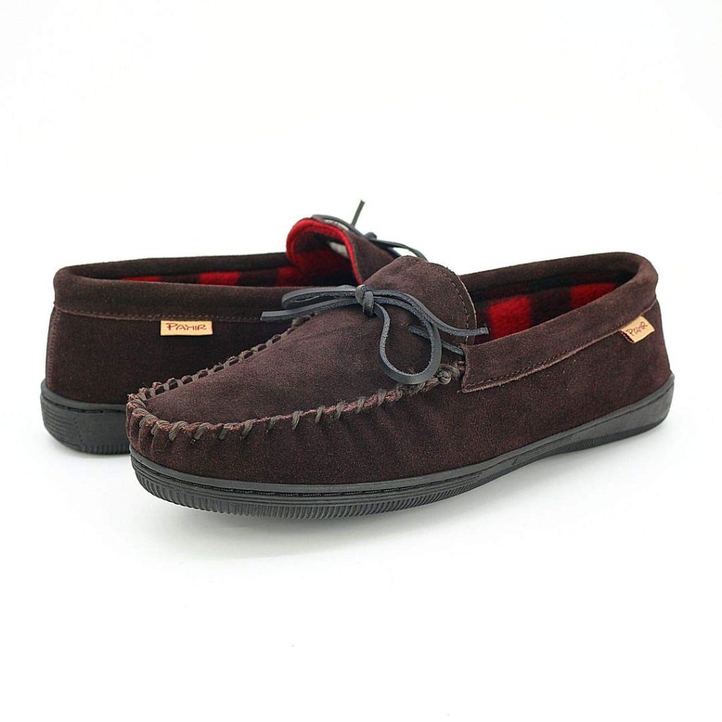 SZ 8, PAMIR Men's Genuine suede Fleece Moccasin Slippers | Brown