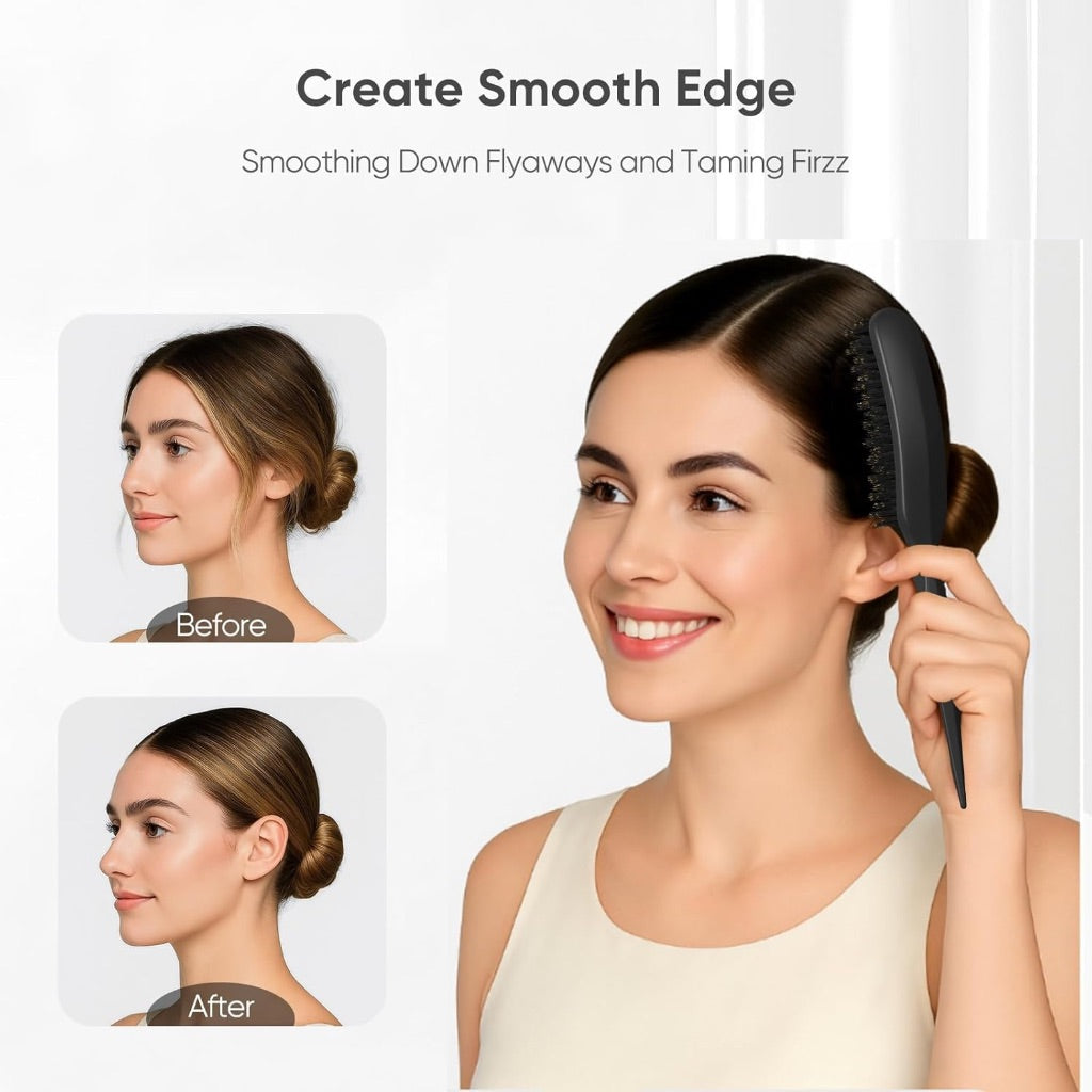 Ellen Evyse Boar Bristle Slick Back Brush for Smooth Flyaways, For fine to medium hair, Sleek Ponytail, Buns, Small Brush for Smoothing Edge Baby Hair Rat Tail Combs Parting Combs