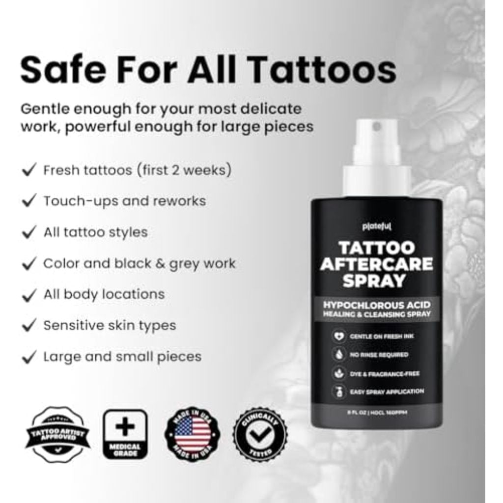 Tattoo Aftercare Spray Hypochlorous Acid (HOCl) Tattoo Care, Lightweight Alternative to Cream & Ointment - 8 fl. oz.