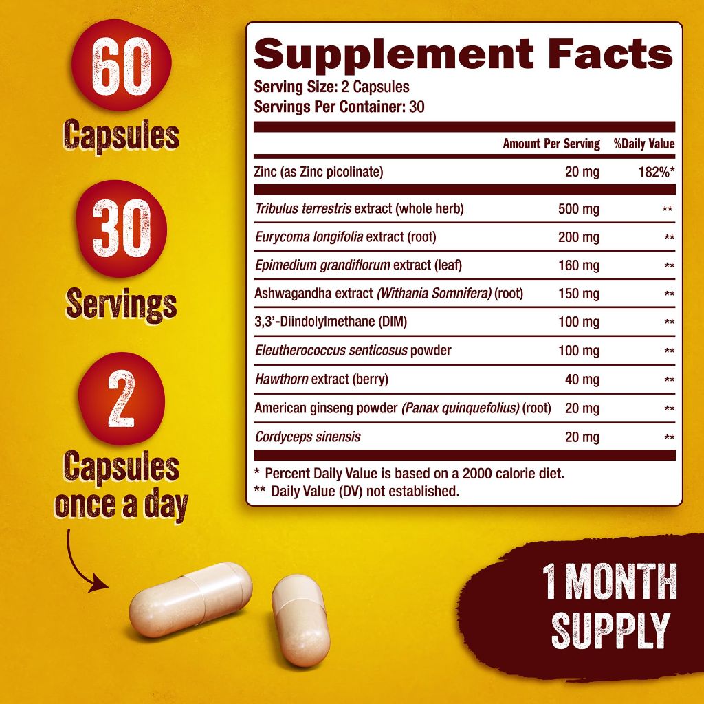 ZIVBIO Testosterone Booster - Male Enhancing Supplement for Muscle Growth 60ct