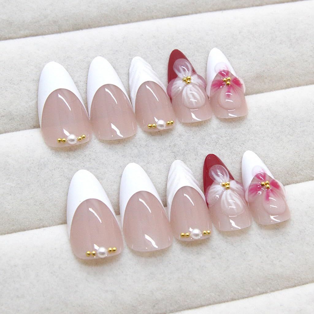 Almond French Tip Press on Nails - White Medium with Pink Flower Design, Pearl Full Cover Stick On, Ombre Fake Nails - 24pcs