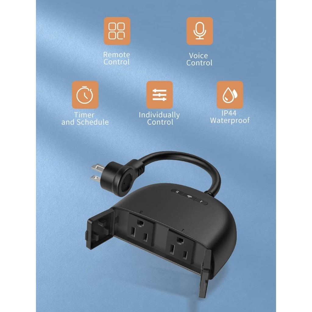 Outdoor Smart Plug, WiFi Smart Plug with 2 Sockets, Smart Plugs That Compatible with Alexa, Google Home, Wireless Remote Control/Timer by Smartphone, IP44 Waterproof FCC/RoHS Certified