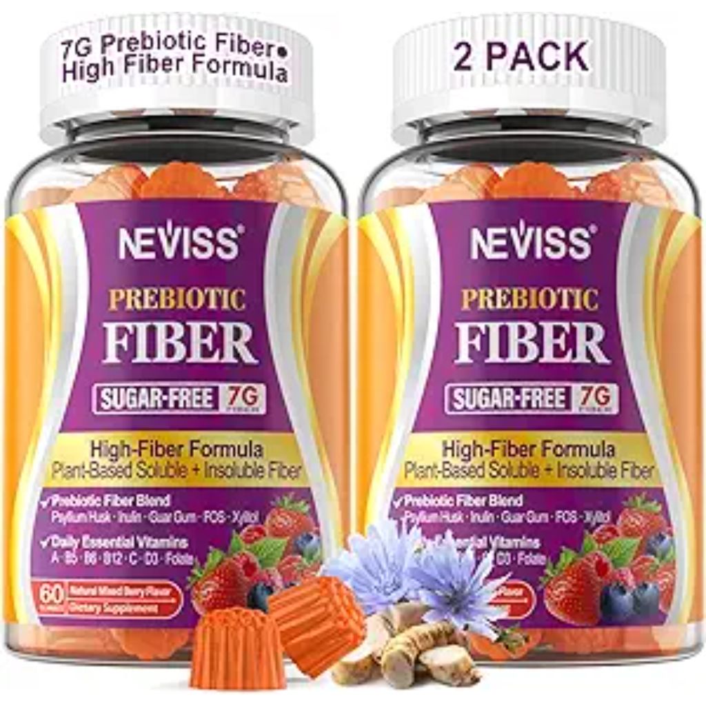 Fiber Gummies for Adults with Psyllium Husk, 7G(Soluble + Insoluble) Daily Prebiotic Fiber with Inulin, FOS, Guar Gum, Multivitamins for Daily Digestive Health, Regularity Support,Sugar Free,Pack of 2