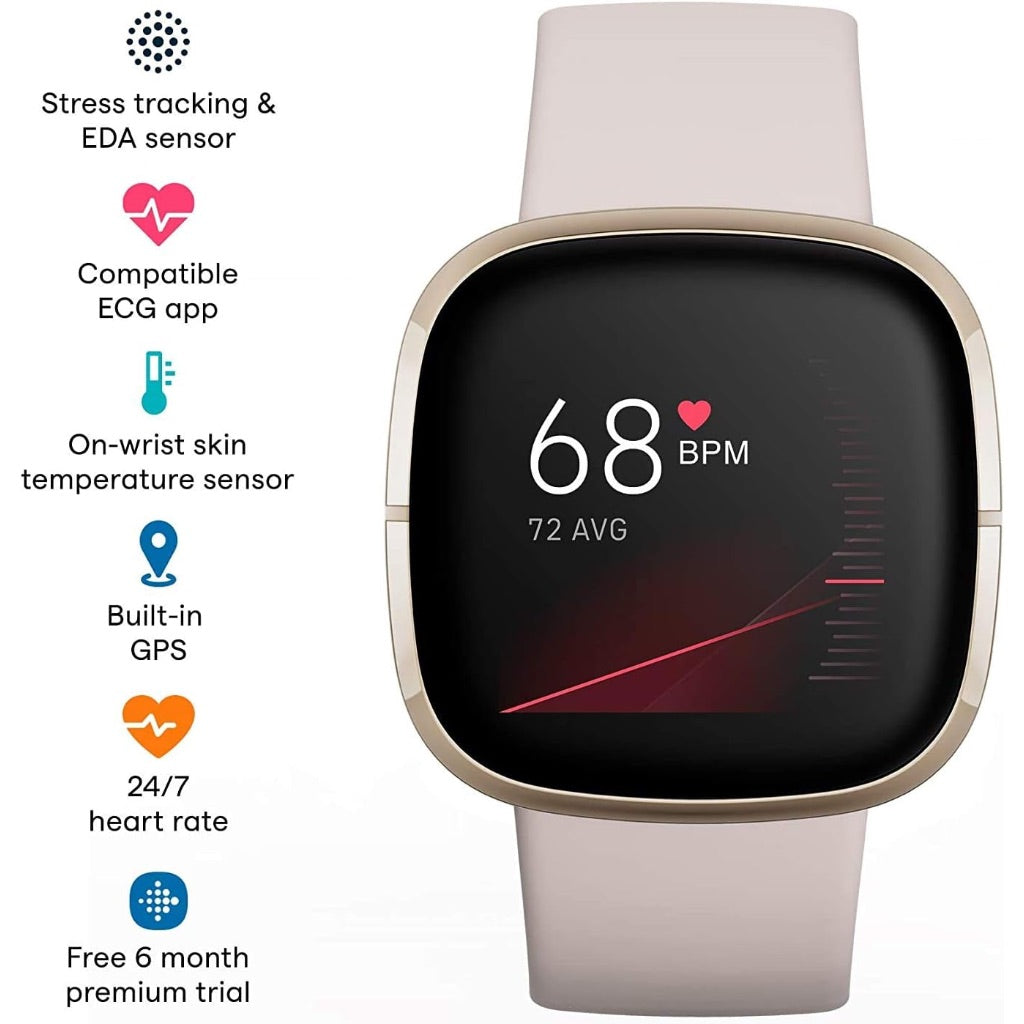 Fitbit Sense Health & Fitness Smartwatch W/GPS, Bluetooth Call/Text, Heart Rate SpO2, ECG, Skin Temperature & Stress Sensing (S & L Bands, 90 Day Premium Included) International Version (White/Gold)