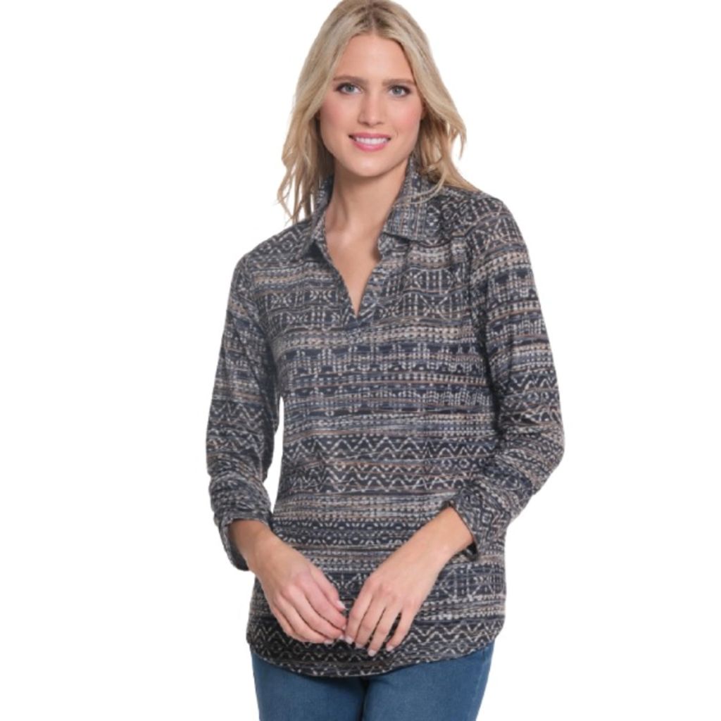 Double Bungee Three Quarters Sleeves Johnny Collar Pull on Top, Stripe Multi,  Size PS