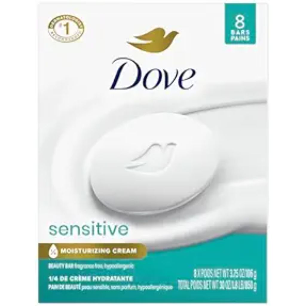 Dove Beauty Bar Soap Sensitive, 8 Bars for Sensitive Skin, Fragrance Free and Hypoallergenic 3.75 oz