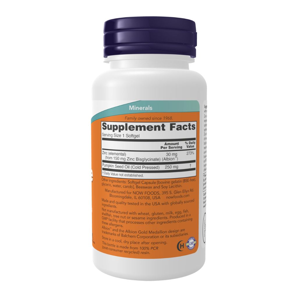 NOW Foods Supplements, Zinc Glycinate with 250 mg Pumpkin Seed Oil | 120 Softgels (Packaging May Vary)