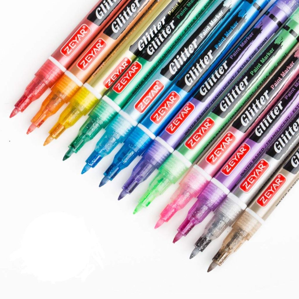 ZEYAR Glitter Paint Pens, Water based, Extra Fine Point, Nylon Tip, 12 Colors