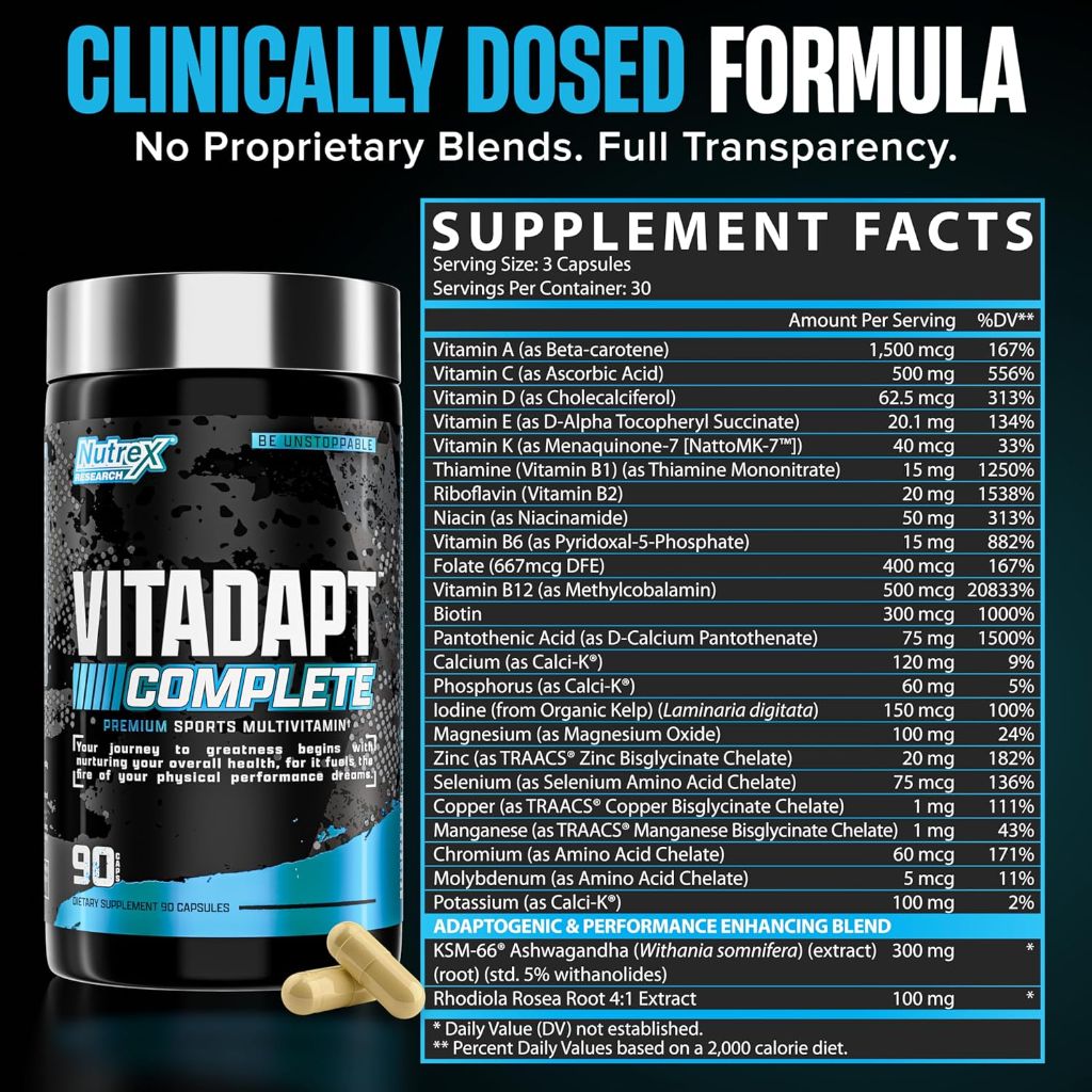 Nutrex Research Vitadapt Complete Sports Multivitamin for Men - 24 Vitamins (90 Capsules)